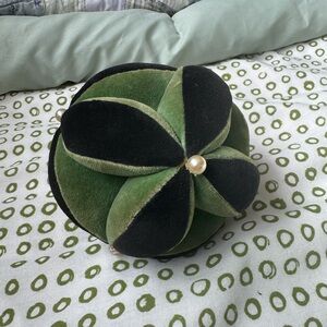 Green and Black Velvet antique pin cushion puzzle ball